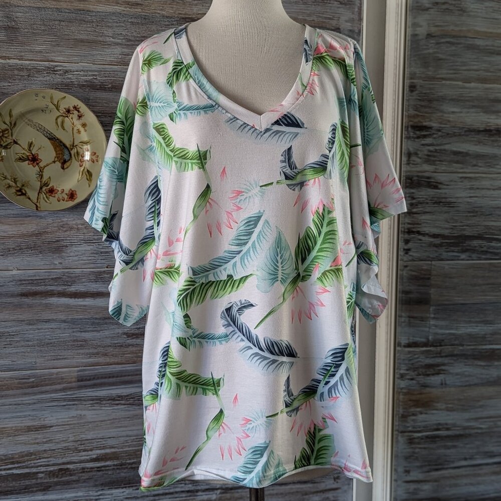 V Neck Bat Wing Tropical Print Top from Amazon NIASHOT "Greenleaf" XL